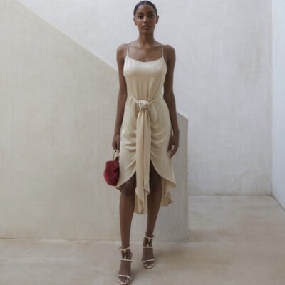 Cult Gaia Natasha Dress High Low Satin Tie Front Sand Nude Small Xs
