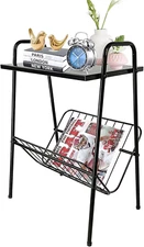 End Table, Metal Nightstand, Record Player Table with Magazine Holder, Record Pl