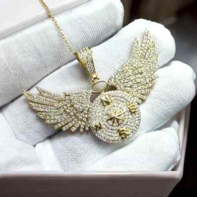 3Ct Round Lab Created Diamond Custom Wings Men's Pendant 14K Yellow Gold Plated