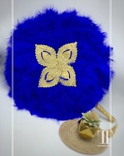 Bridal Royal Blue Feather Hand Fan, African Traditional Hand Fan For Women.