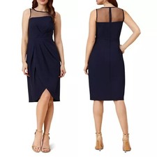 Adrianna Papell size 4 dress draped crepe illusion sheath midnight blue stretch