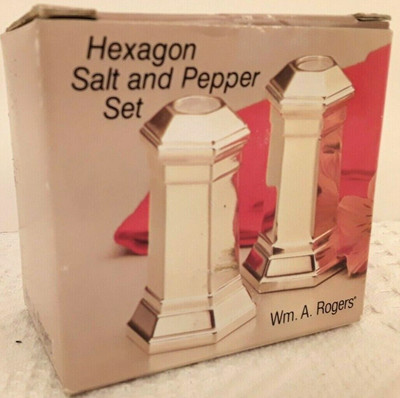 Vintage Wm A. Rogers Hexagon Salt & Pepper Shakers Silverplate Japan NIB 53R