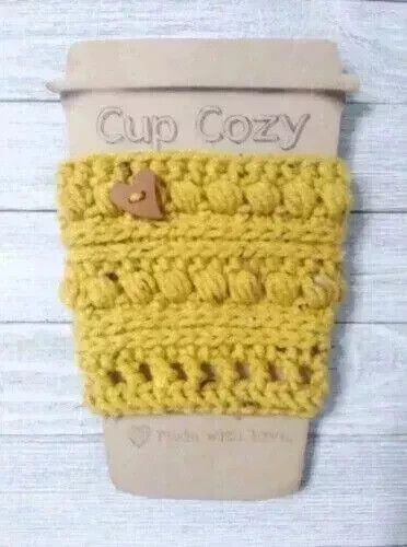 handmade crochet coffee cup cozy drink sleeve heart button mustard yellow