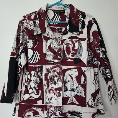 Vintage Mirror Image Picasso Abstract Face Print Jacket Button Up Art To Wear XL