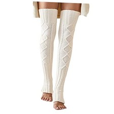 Women's Cable Knit Thigh High Leg Warmer Socks Over Knee High One Size White