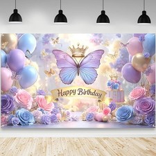 Butterfly Birthday Decorations Backdrop for Women Purple Happy Birthday Banner..