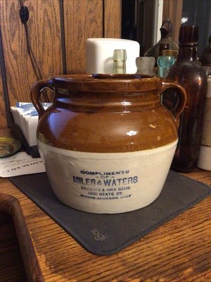 2 QT ADVERTISING BEAN POT 6  Tall MILES WATERS RACINE  WISCONSIN WIS RED WING WI