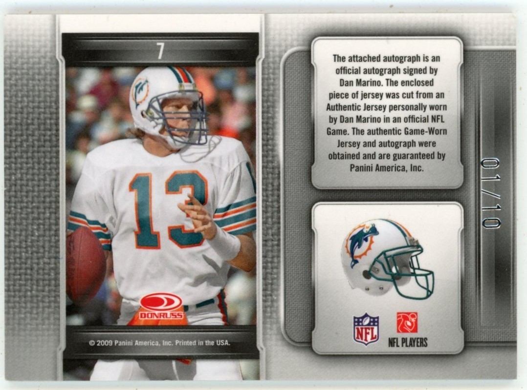 Dan Marino 2009 Panini Donruss Limited Game Used Patch Auto 01/10 HOF Dolphins view 2