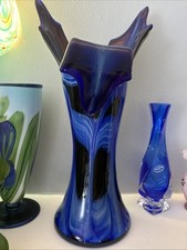 Vintage Blue  Black Large Art Glass Vase Swung Marble Swirl