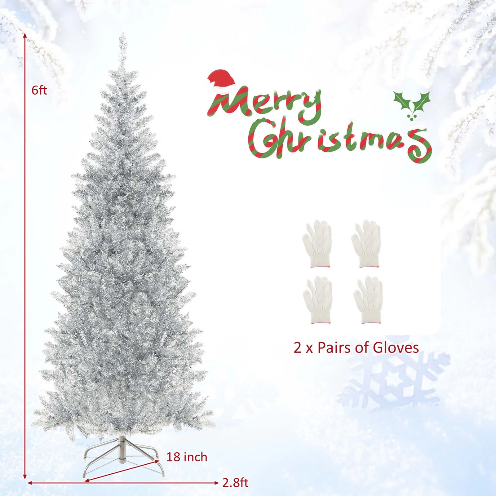 6-7FT Pre-Lit Silver Tinsel Christmas Tree with 300-400 LED Lights