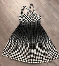 Calvin Klein Retro Empire Waist Blck & Wht Polka Dot Cross Back Strap Dress 10