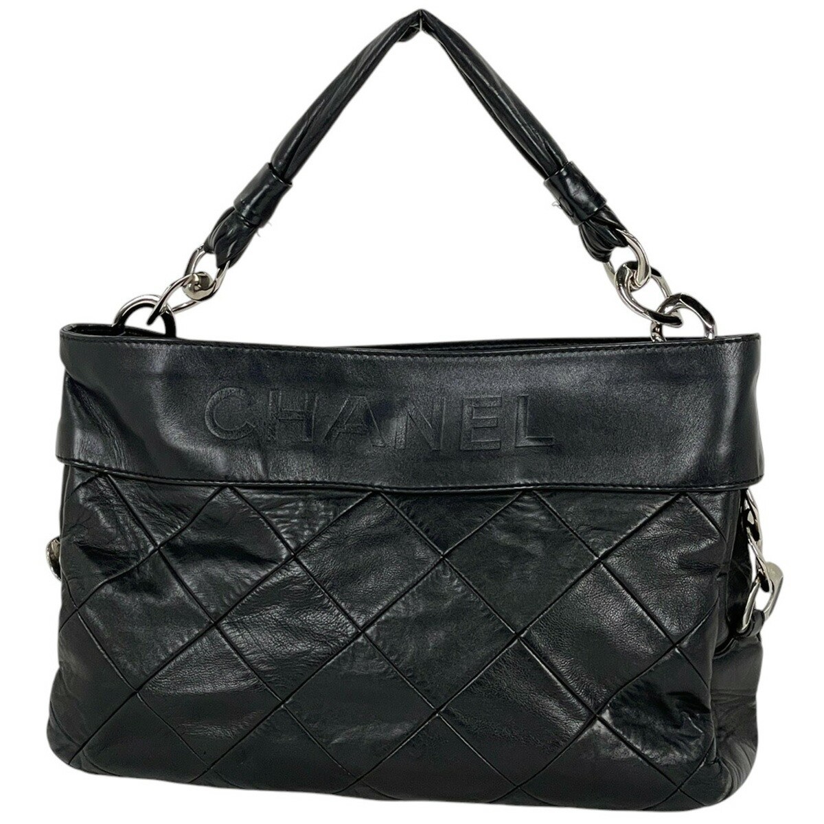 Chanel Logo Chain Tote Bag Shoulder Matelasse Leather Black Women Used Msp29