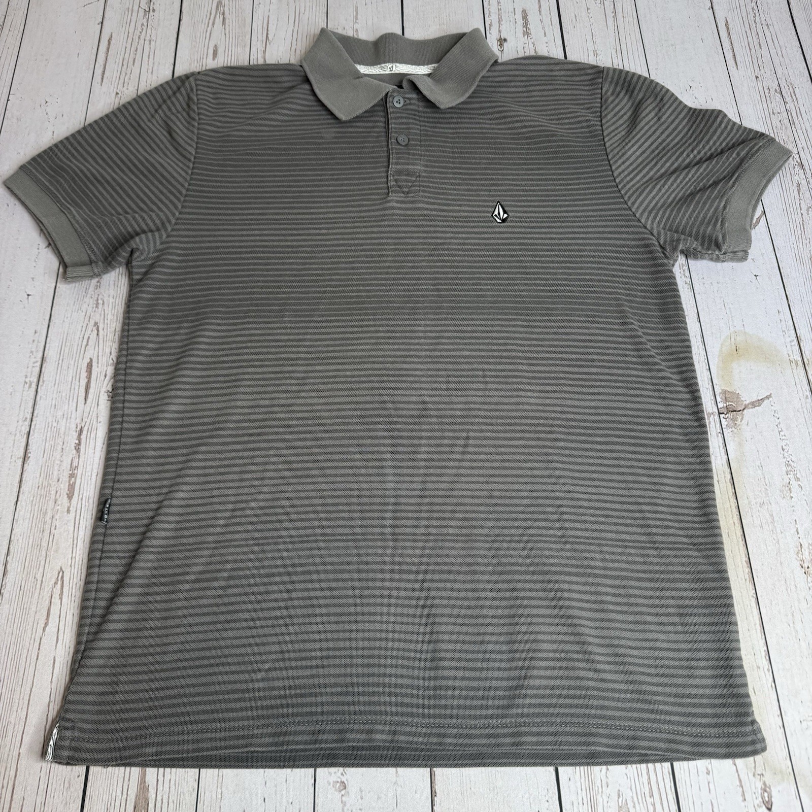 Vintage Y2K Volcom Striped Polo Shirt Mens Medium Gray Skater Streetwear Grunge