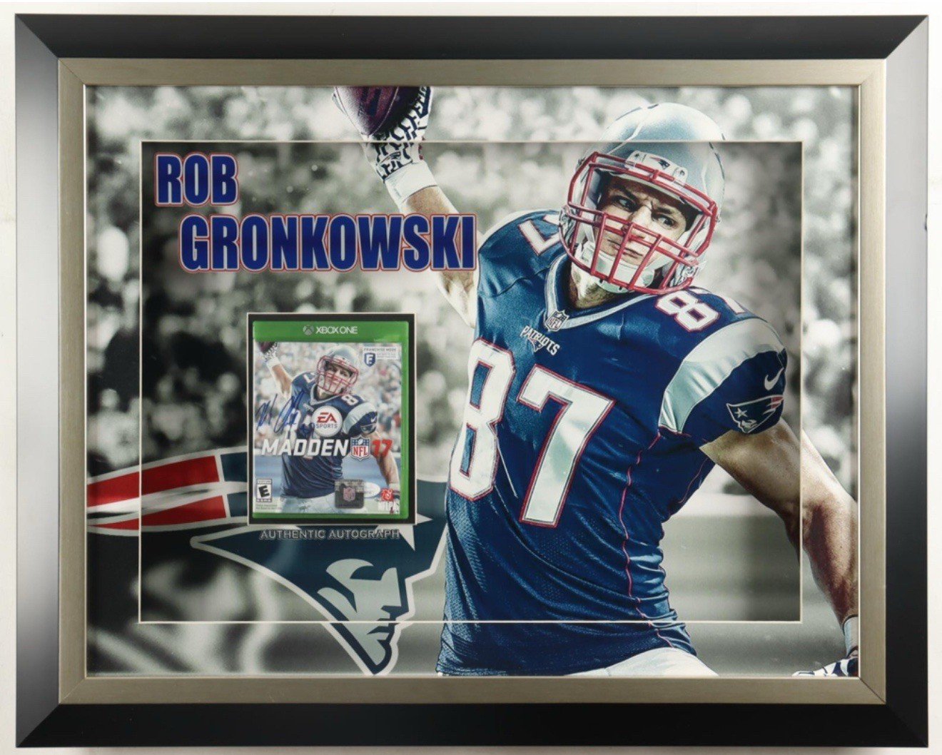Rob Gronkowski Autographed Signed New England Patriots Madden NFL 17 Xbox One Disc Framed Display JSA 30.5x25.5 
