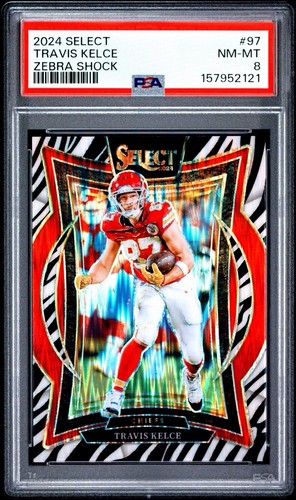 2024 Panini Select Travis Kelce Zebra Shock #97, PSA 8, Kansas City Chiefs