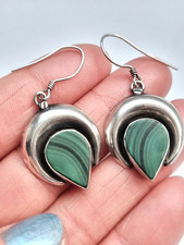 Sterling Silver 925 Malachite Crescent Moon Drop Earrings - Green Gemstone Boho 