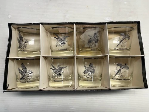 Vintage Federal Glass Sportsman Old Fashioned Whiskey Glasses Game Bird Set of 8