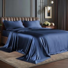 Satin Sheets Full Size Bed Set, Navy, 4 Pieces