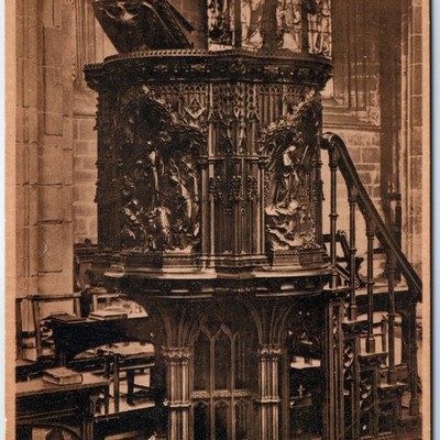 c1900s Chester, UK Cathedral Pulpit Gothic Interior Carved Wood Stain Glass A344