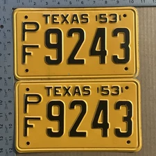 1953 Texas license plate pair PF 9243 YOM DMV Ford Chevy Dodge 20569