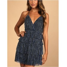 Lulus Women's Size M Blue Multi Metallic Glowing Gorgeous Tiered Mini Dress NWT