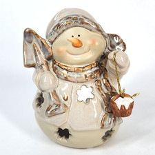 Snowman Tea Light Holder Beige Snowman Holding Shovel & Bucket Of Snow Glossy