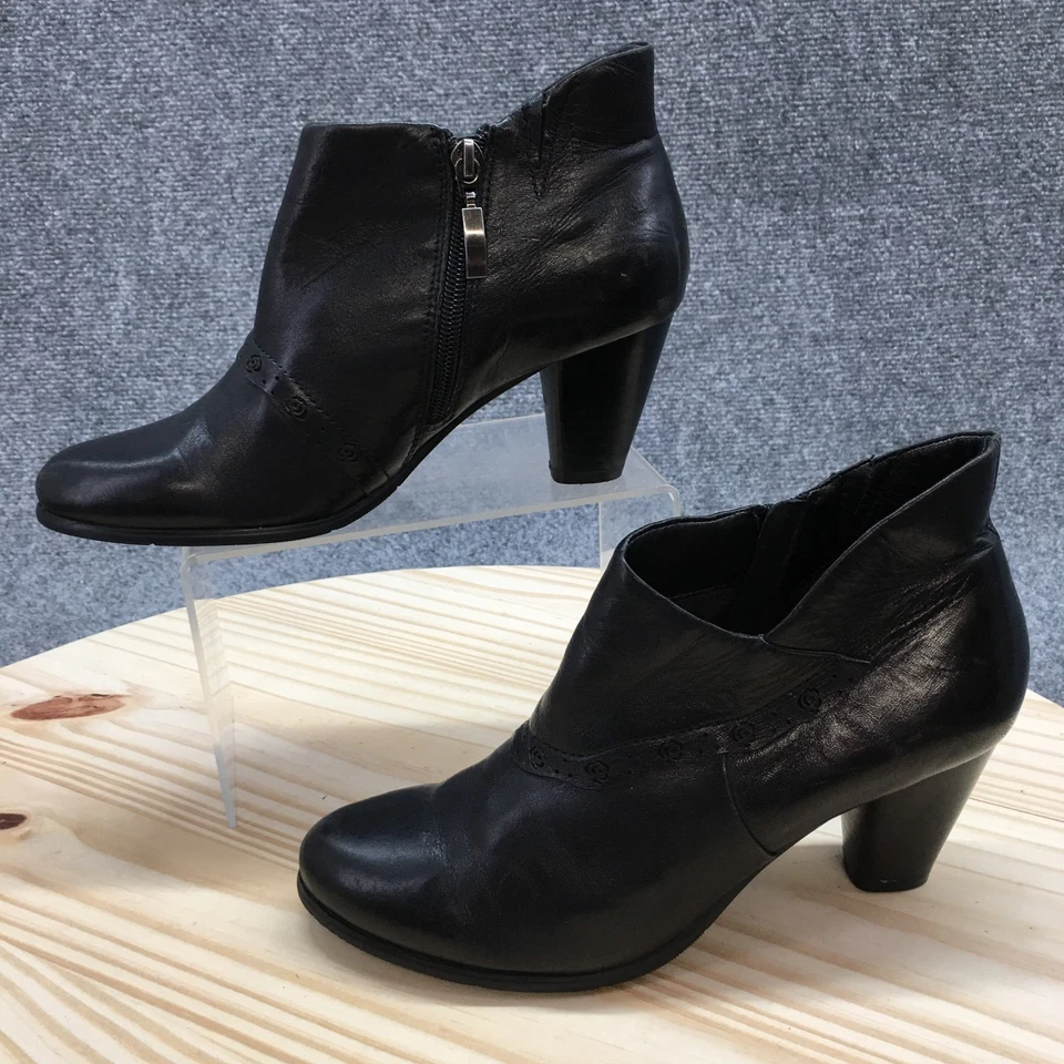 Spring Step Boots Womens 37 Ankle Booties Black Leather Almond Toe Zip Heels - Image 2 of 4