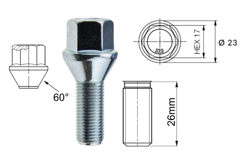 20x Radschrauben M12x1,5x26mm SW17 Kegelbund Radbolzen Für Alufelgen Stahlfelgen