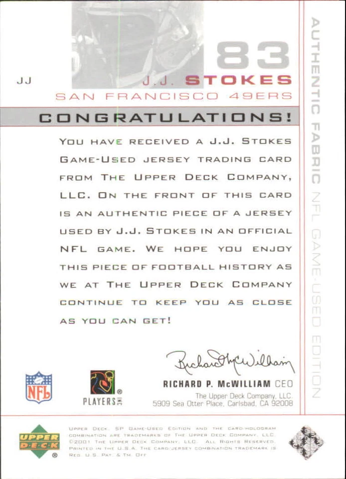 B4413- 2001 SP Game Used Edition Authentic Fabric #JJ J.J. Stokes Jersey - NM-MT - Image 2 of 2