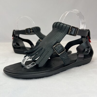 Hunter Original Fringe T Bar Italy Made Womens Black Leather