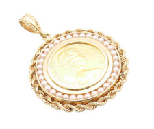 14K & 22K GOLD Vintage Pendant Twisted Rope Pearls Queen Elizabeth Coin  GP763