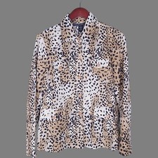SILKLAND Womens M 100% Silk Leopard Animal Print Lightweight Button Shirt Jacket