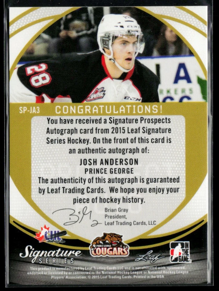 2015-16 Leaf Signature Series Autograph Blue #SP-JA3 Josh Anderson 03/10 - Image 2 of 2