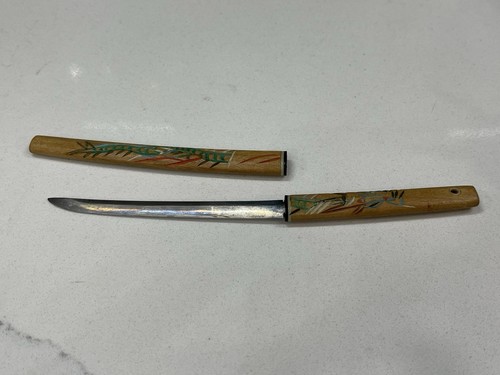 Vintage JAPAN Katana Letter Opener Samurai Sword Wood Sheath Hand Painted
