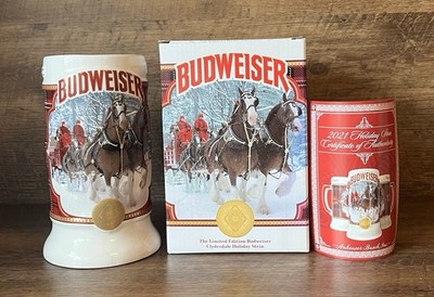 Budweiser Stein PLAID HOLIDAY Clydesdale Horses Pulling Winter Carriage COA Nice