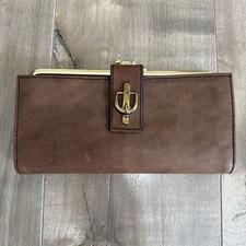 NEW Buxton Wallet Cowhide Leather Brown Kisslock Buckle Gold Large Vtg READ