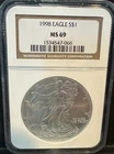 1998 $1 American Silver Eagle NGC MS69 Brown Label
