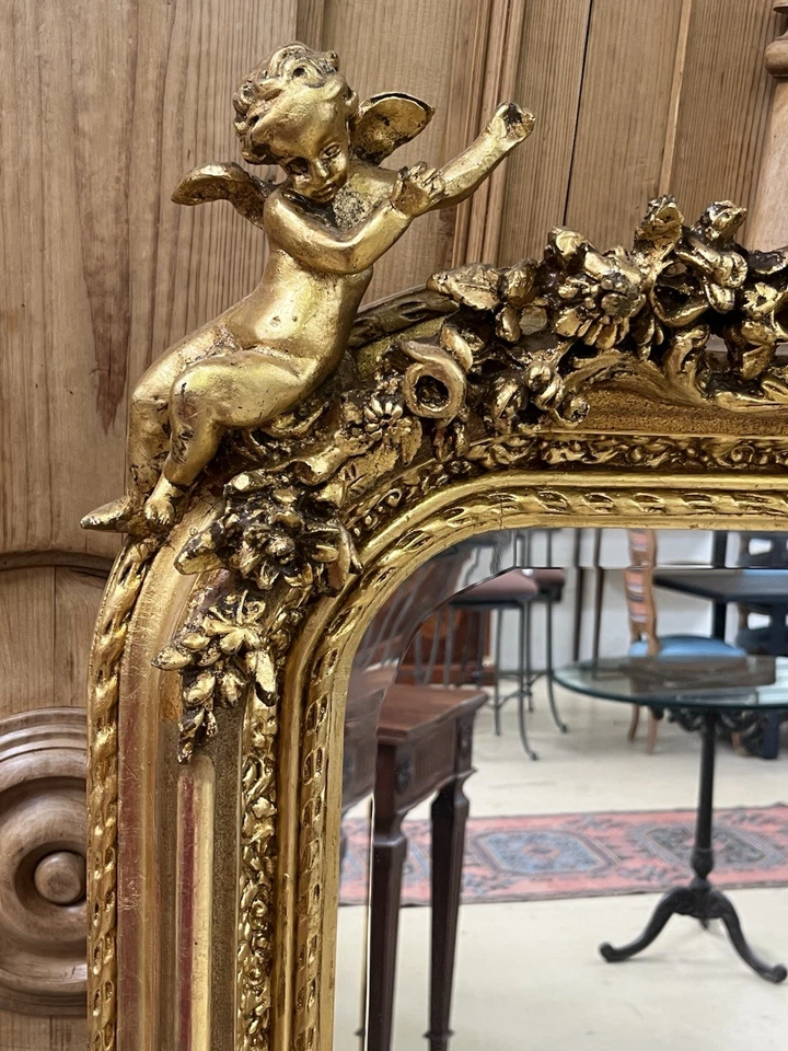 PAR DE GRANDES ESPEJOS DE PARED PUTTI ANGEL ORO DORADO ESTILO LOUIS XV, 61,5"H Foto 3 de 4