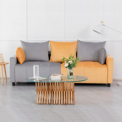 Velvet Modern 2-Seater Sofa, Light Grey & Yellow Two-Tone Sectional Couch with