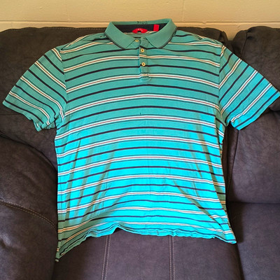 IZOD Men's L Regular Green Black White Striped Knit Polo Short Sleeve Collared