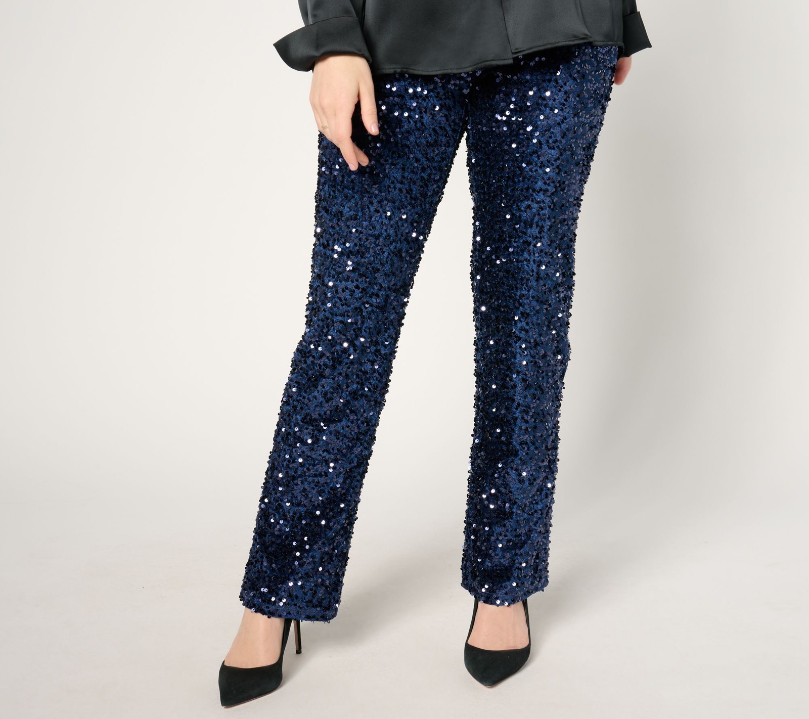 Belle by Kim Gravel Women's Petite Pants PL Sequin Paillette Velvet Blue A677656