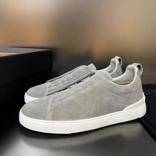 Men's Zegna Triple Stitch Low-Top Slip-On Beige Suede Casual Shoes