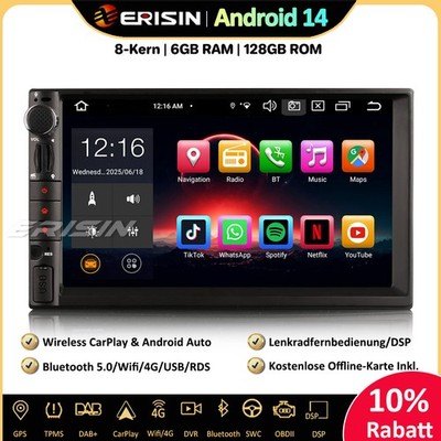 6GB+128GB Universal 2 Din Android 14 Autoradio GPS Navi DAB+ CarPlay Wifi 4G DSP