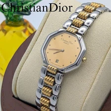 Christian Dior Octagon Date Ladies Watch Gold Silver Tone Battery Operated