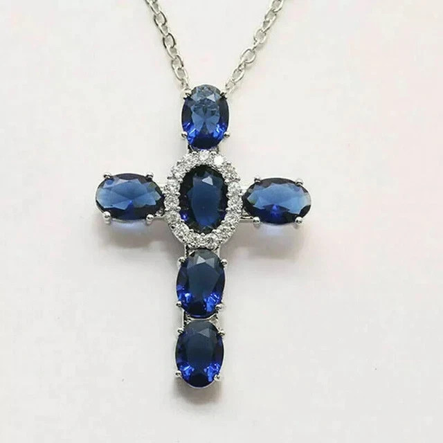 3Ct Oval Cut Blue Sapphire Diamond Cross Pendant Necklace 14K White Gold Plated