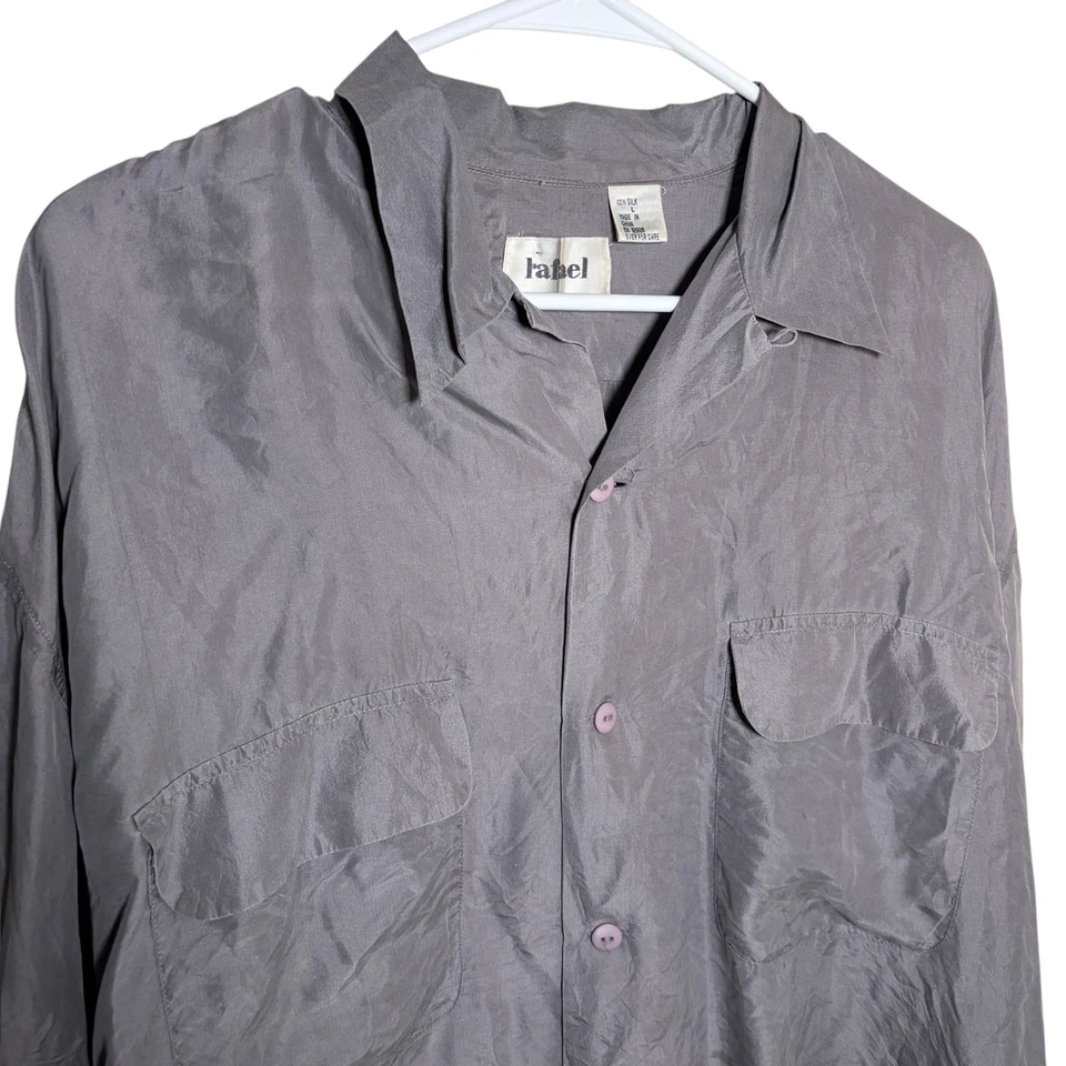 Camisa Rafael Para Hombre Grande Gris 100% Seda Ligera Cuello Manga Larga Sólida Foto 2 de 4