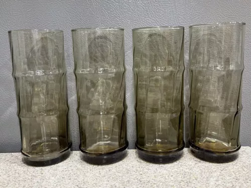 4 VTG Libbey Drinking Glasses Tumblers Bamboo Bash Smokey Amber Brown TIKI BAR