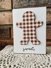 Sweet Plaid Gingerbread Man Block Christmas Shelf Sitter