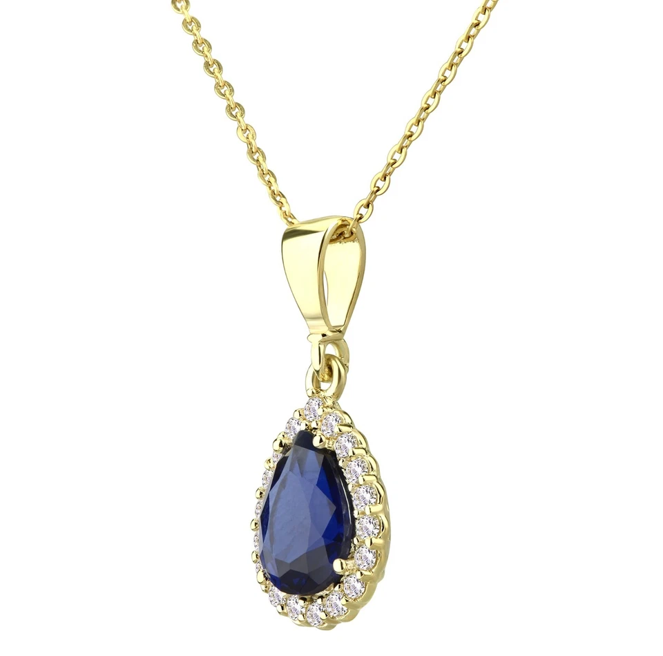 9ct Yellow Gold Simulated BLUE SAPPHIRE & CZ Teardrop Pendant Necklace 18" Chain - Image 3 of 4
