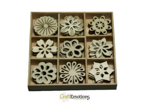 Box of Wooden Shapes Fantasy Flowers 45 Pieces Approx 25 mm High - Picture 1 of 1